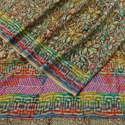 Indian Vintage Sari Multi Pure Crepe Silk Block Printed Mukesh Saree 5yd Sewing Floral Soft Craft Fabric Wrap Dress making Crafting Quilting