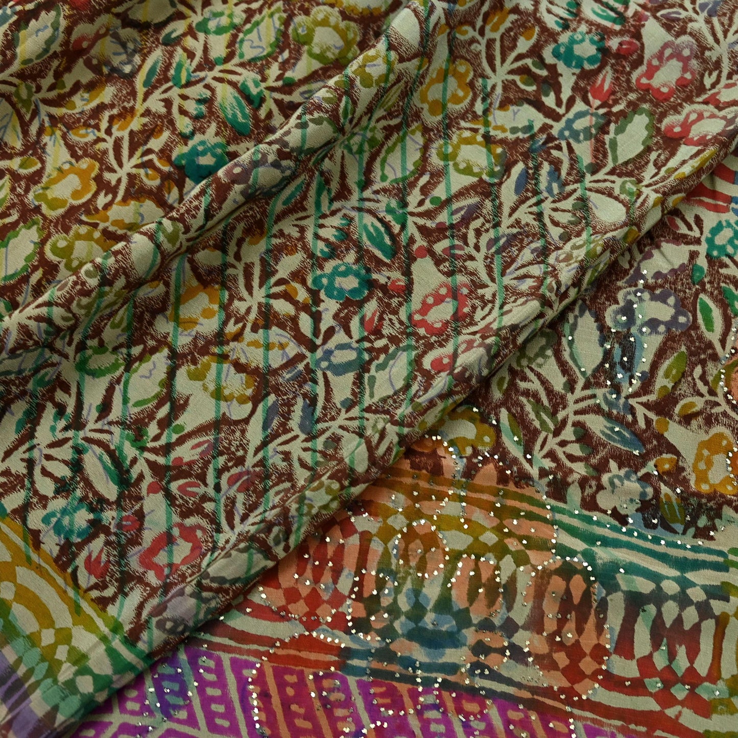 Indian Vintage Sari Multi Pure Crepe Silk Block Printed Mukesh Saree 5yd Sewing Floral Soft Craft Fabric Wrap Dress making Crafting Quilting
