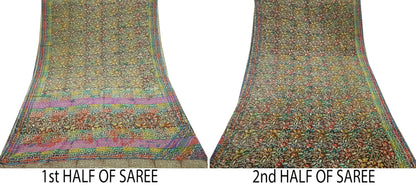 Indian Vintage Sari Multi Pure Crepe Silk Block Printed Mukesh Saree 5yd Sewing Floral Soft Craft Fabric Wrap Dress making Crafting Quilting