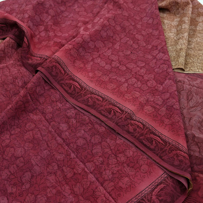 Indian Vintage Maroon & Brown Sarees Pure Crepe Silk Printed Sari 5yd Sewing Floral Soft Craft Fabric Ethnic Wrap Dress making For Crafting