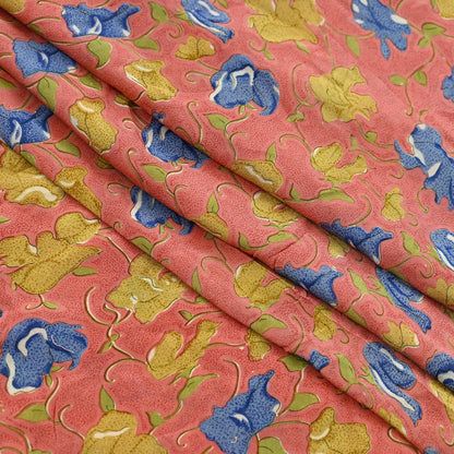 Indian Vintage Sari Peach Pure Crepe Silk Printed Sarees 5yd Craft Fabric Sewing Soft Wrap Floral Upcycle Quilting Dress Making Crafting