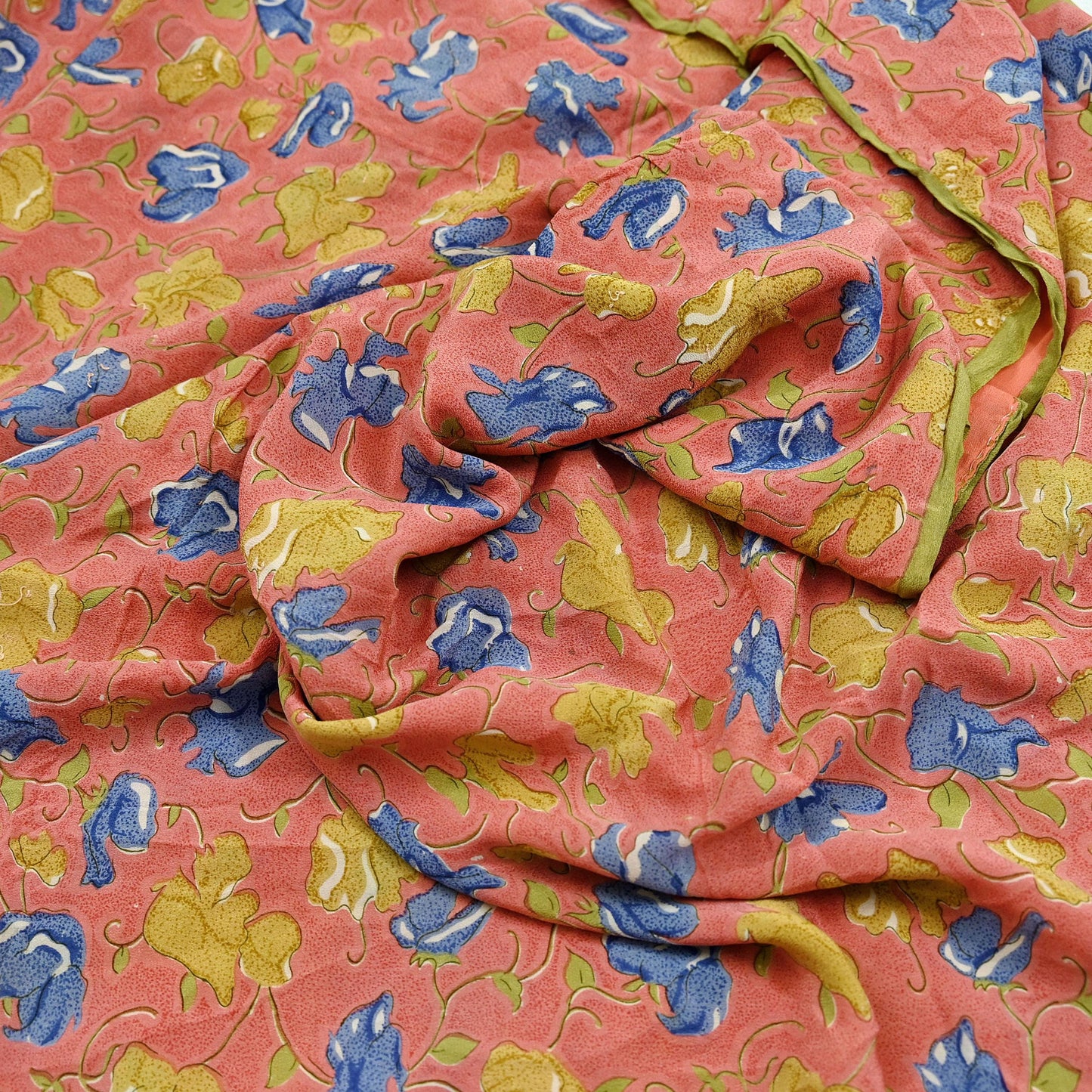 Indian Vintage Sari Peach Pure Crepe Silk Printed Sarees 5yd Craft Fabric Sewing Soft Wrap Floral Upcycle Quilting Dress Making Crafting