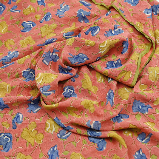 Indian Vintage Sari Peach Pure Crepe Silk Printed Sarees 5yd Craft Fabric Sewing Soft Wrap Floral Upcycle Quilting Dress Making Crafting