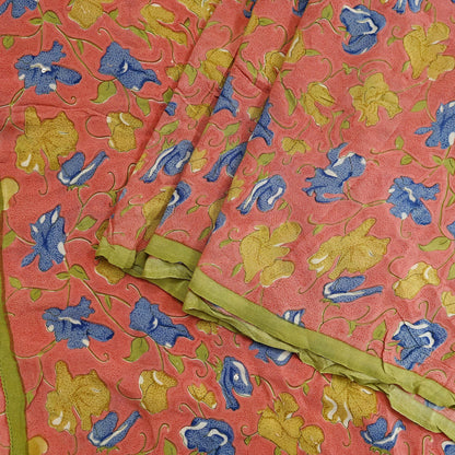 Indian Vintage Sari Peach Pure Crepe Silk Printed Sarees 5yd Craft Fabric Sewing Soft Wrap Floral Upcycle Quilting Dress Making Crafting