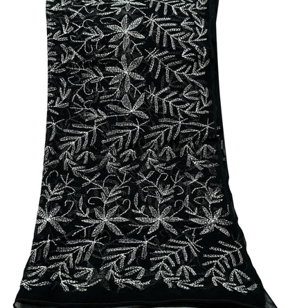 Indian Vintage Dupatta Black Long Stole Hand Embroidered kantha stole Blend Cotton Scarves Veil Wrap Soft Floral