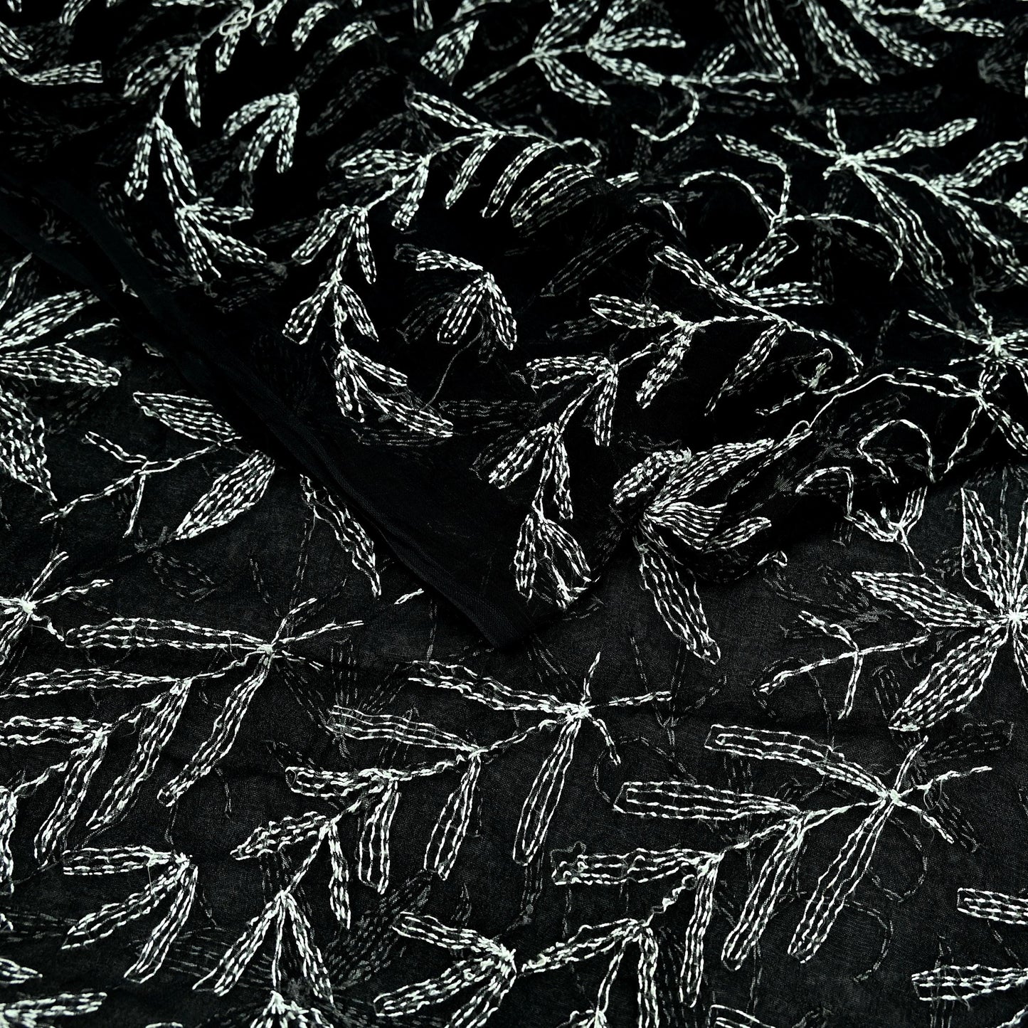 Indian Vintage Dupatta Black Long Stole Hand Embroidered kantha stole Blend Cotton Scarves Veil Wrap Soft Floral