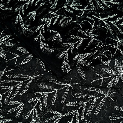 Indian Vintage Dupatta Black Long Stole Hand Embroidered kantha stole Blend Cotton Scarves Veil Wrap Soft Floral