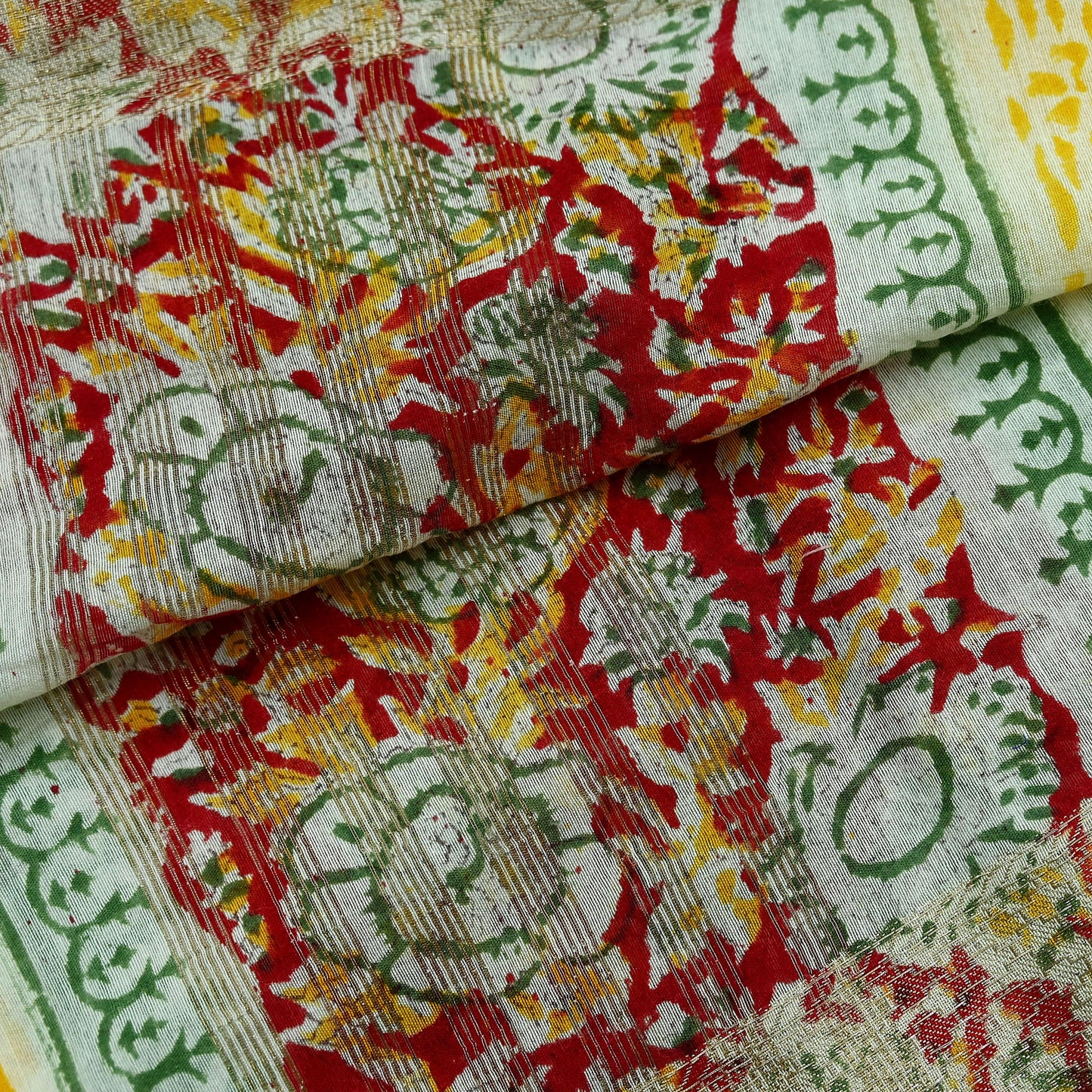 Indian Vintage Dupatta Ivory Long Stole Printed Woven Chanderi Scarf Veil Soft Floral Zari Boho