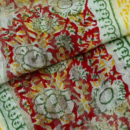 Indian Vintage Dupatta Ivory Long Stole Printed Woven Chanderi Scarf Veil Soft Floral Zari Boho