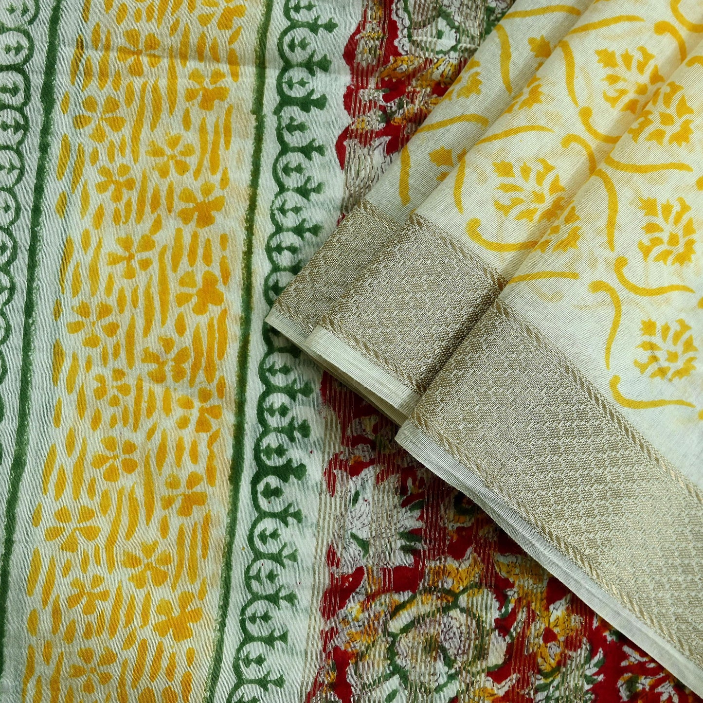 Indian Vintage Dupatta Ivory Long Stole Printed Woven Chanderi Scarf Veil Soft Floral Zari Boho
