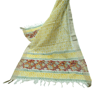 Indian Vintage Dupatta Ivory Long Stole Printed Woven Chanderi Scarf Veil Soft Floral Zari Boho