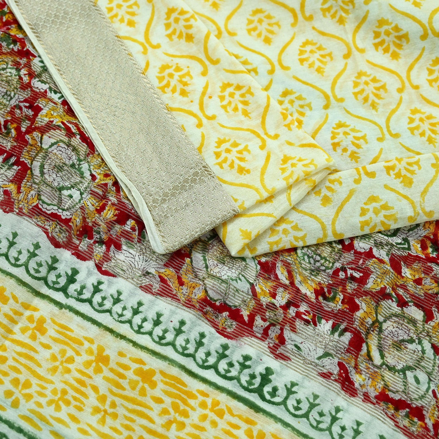 Indian Vintage Dupatta Ivory Long Stole Printed Woven Chanderi Scarf Veil Soft Floral Zari Boho