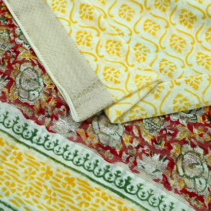 Indian Vintage Dupatta Ivory Long Stole Printed Woven Chanderi Scarf Veil Soft Floral Zari Boho