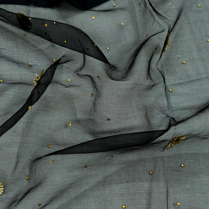 Indian Vintage Dupatta Black Long Stole Organza Woven Hand Painted Scarves Veil Zari Soft Floral Design