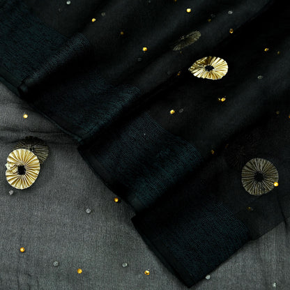 Indian Vintage Dupatta Black Long Stole Organza Woven Hand Painted Scarves Veil Zari Soft Floral Design
