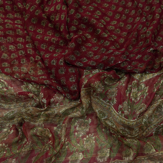 Indian Vintage Maroon Dupatta Long Stole Pure Chiffon Silk Digital Printed Scarves Veil Hijab