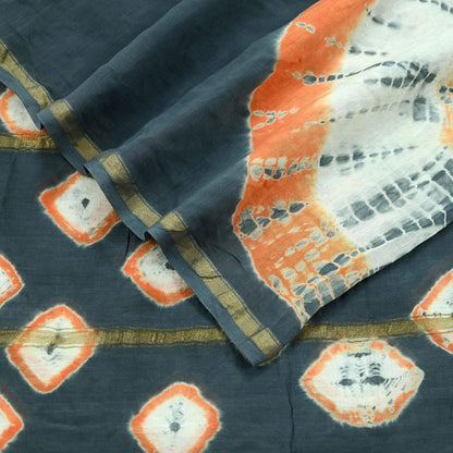 Indian Vintage Gray Dupatta Long Stole Hand Tie-Dye Print Pure Chanderi Silk Scarves Veil Golden Zari