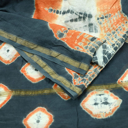 Indian Vintage Gray Dupatta Long Stole Hand Tie-Dye Print Pure Chanderi Silk Scarves Veil Golden Zari