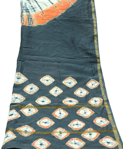 Indian Vintage Gray Dupatta Long Stole Hand Tie-Dye Print Pure Chanderi Silk Scarves Veil Golden Zari