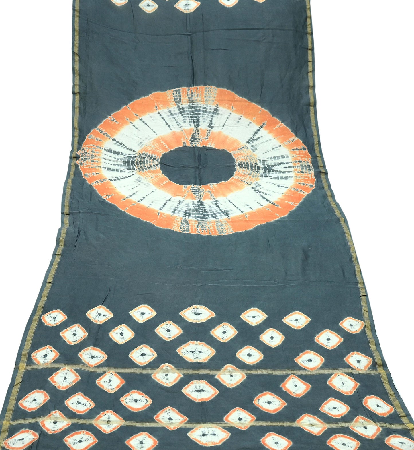 Indian Vintage Gray Dupatta Long Stole Hand Tie-Dye Print Pure Chanderi Silk Scarves Veil Golden Zari