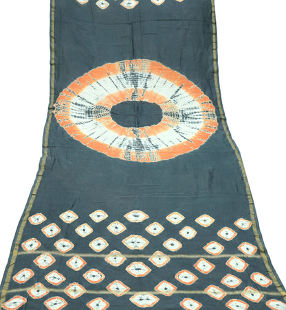 Indian Vintage Gray Dupatta Long Stole Hand Tie-Dye Print Pure Chanderi Silk Scarves Veil Golden Zari