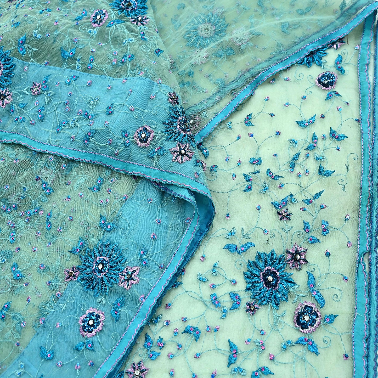 Indian Vintage Green Saree Net/Mesh Hand Embroidered Sari Craft Fabric 5Yd Sewing Soft Silver Zardozi/Dabka Zari Sequins