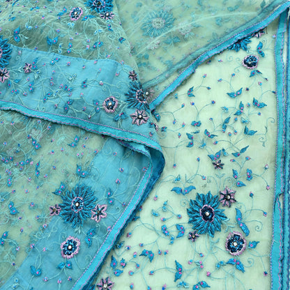 Indian Vintage Green Saree Net/Mesh Hand Embroidered Sari Craft Fabric 5Yd Sewing Soft Silver Zardozi/Dabka Zari Sequins