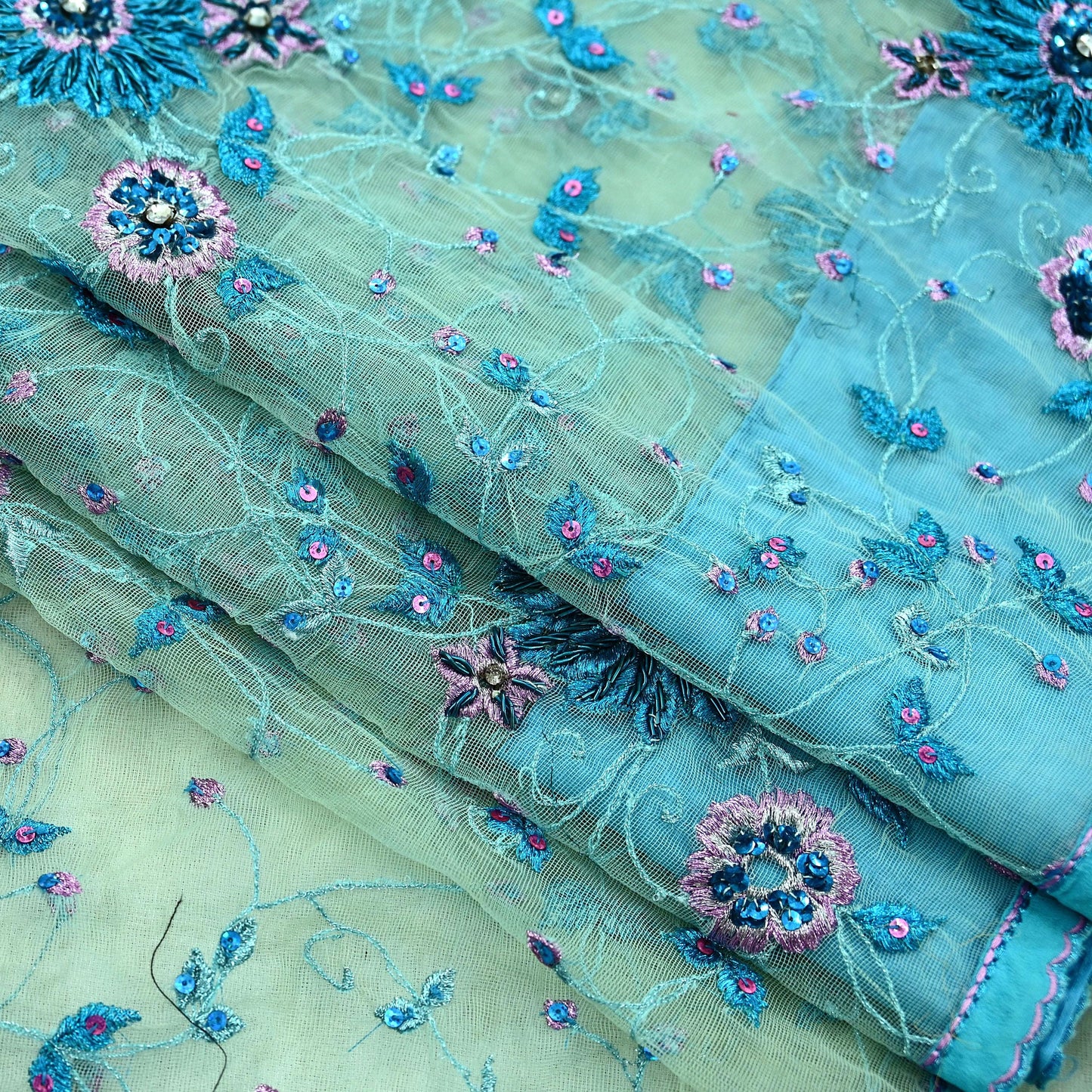 Indian Vintage Green Saree Net/Mesh Hand Embroidered Sari Craft Fabric 5Yd Sewing Soft Silver Zardozi/Dabka Zari Sequins