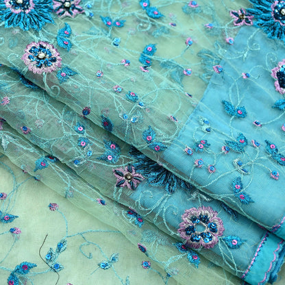 Indian Vintage Green Saree Net/Mesh Hand Embroidered Sari Craft Fabric 5Yd Sewing Soft Silver Zardozi/Dabka Zari Sequins