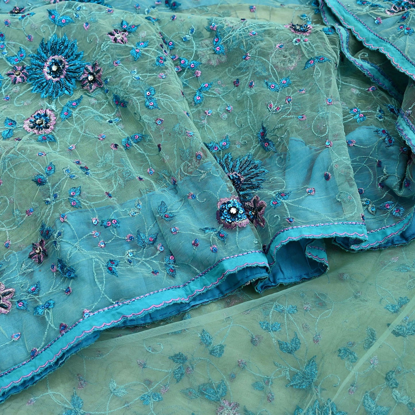 Indian Vintage Green Saree Net/Mesh Hand Embroidered Sari Craft Fabric 5Yd Sewing Soft Silver Zardozi/Dabka Zari Sequins