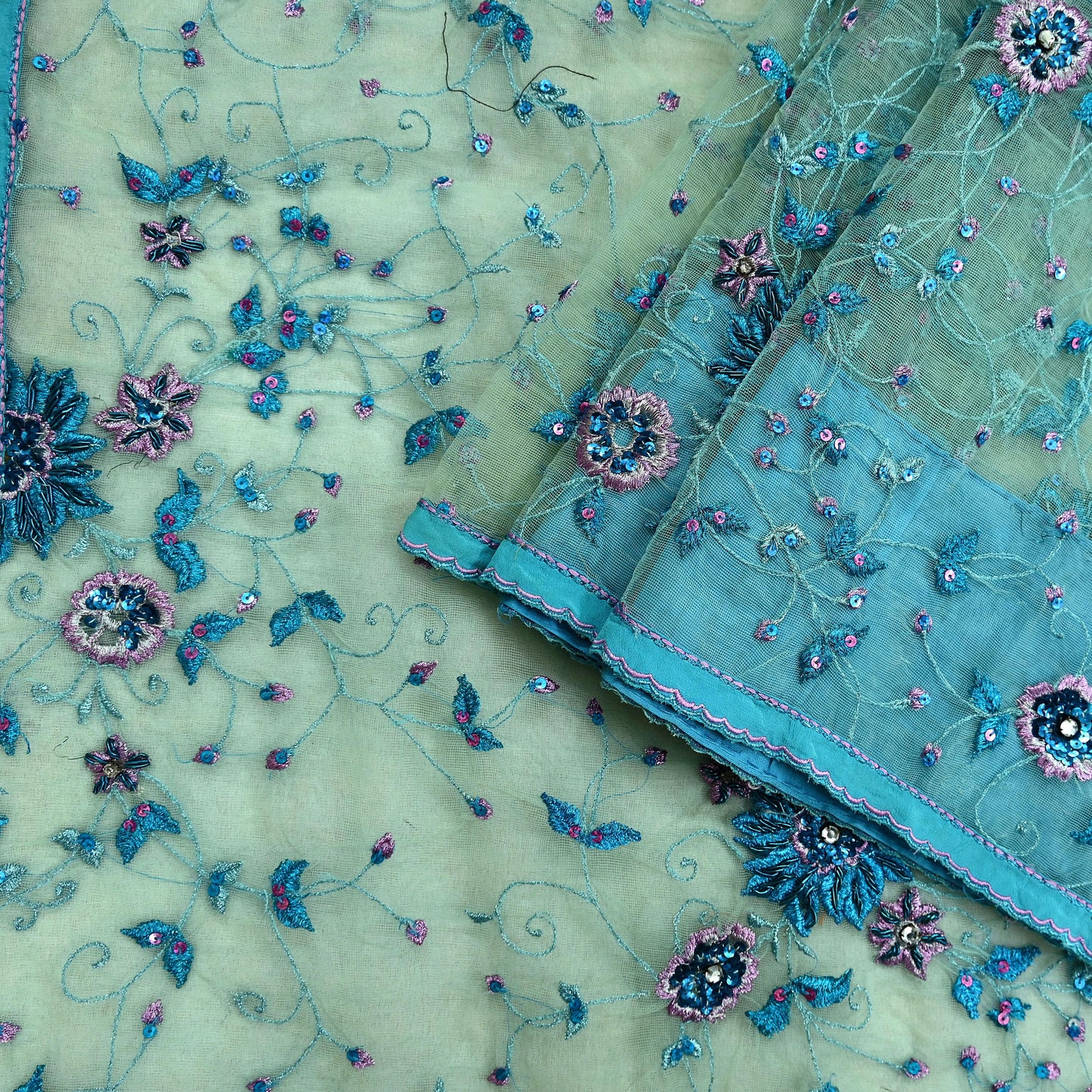 Indian Vintage Green Saree Net/Mesh Hand Embroidered Sari Craft Fabric 5Yd Sewing Soft Silver Zardozi/Dabka Zari Sequins