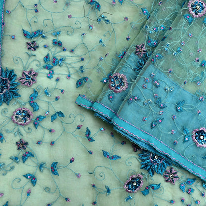 Indian Vintage Green Saree Net/Mesh Hand Embroidered Sari Craft Fabric 5Yd Sewing Soft Silver Zardozi/Dabka Zari Sequins