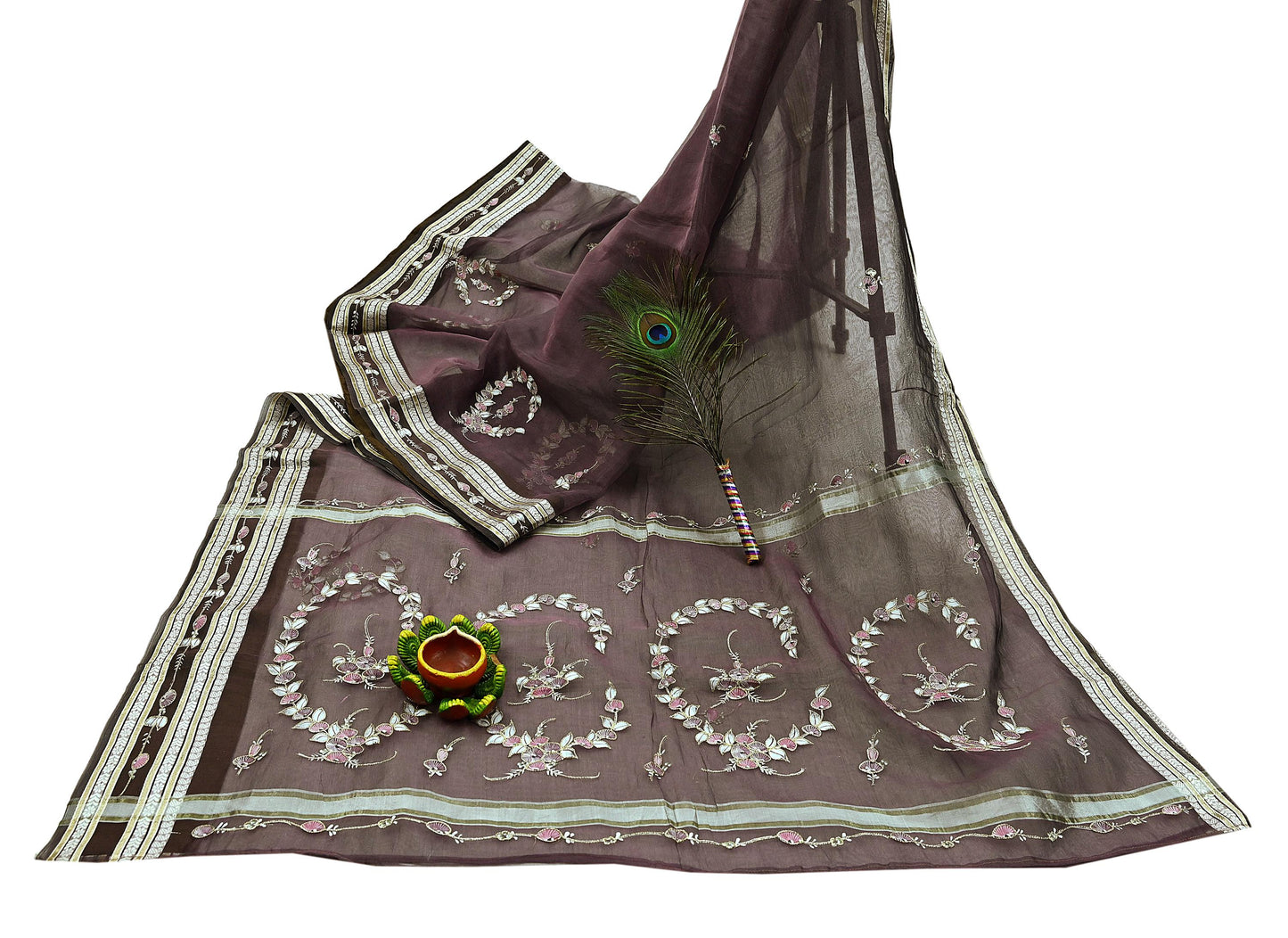 Indian Vintage Sarees Purple Pure Organza Silk Hand Woven/Painted Sari 5yd Ethnic Floral Craft Fabric Dress making Upcycle Crafting Zari
