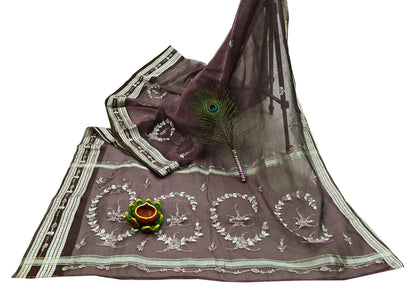 Indian Vintage Sarees Purple Pure Organza Silk Hand Woven/Painted Sari 5yd Ethnic Floral Craft Fabric Dress making Upcycle Crafting Zari