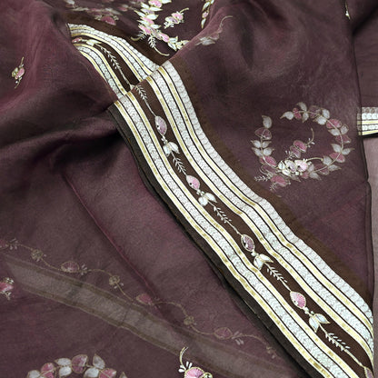 Indian Vintage Sarees Purple Pure Organza Silk Hand Woven/Painted Sari 5yd Ethnic Floral Craft Fabric Dress making Upcycle Crafting Zari