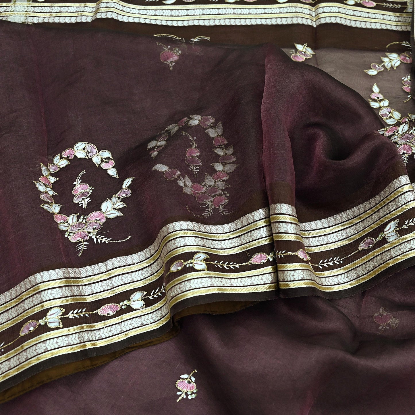 Indian Vintage Sarees Purple Pure Organza Silk Hand Woven/Painted Sari 5yd Ethnic Floral Craft Fabric Dress making Upcycle Crafting Zari