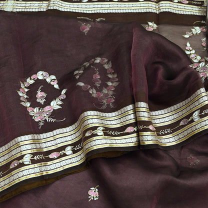 Indian Vintage Sarees Purple Pure Organza Silk Hand Woven/Painted Sari 5yd Ethnic Floral Craft Fabric Dress making Upcycle Crafting Zari