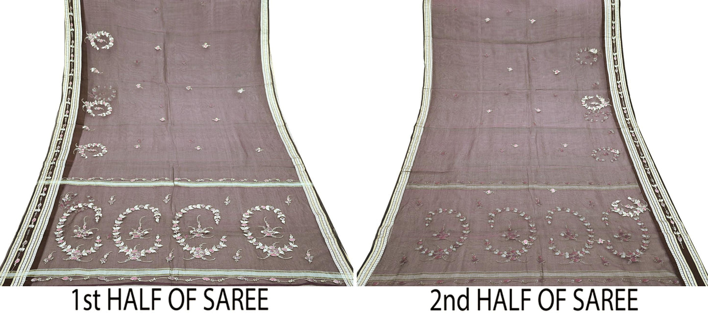 Indian Vintage Sarees Purple Pure Organza Silk Hand Woven/Painted Sari 5yd Ethnic Floral Craft Fabric Dress making Upcycle Crafting Zari