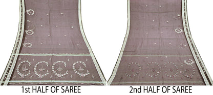 Indian Vintage Sarees Purple Pure Organza Silk Hand Woven/Painted Sari 5yd Ethnic Floral Craft Fabric Dress making Upcycle Crafting Zari