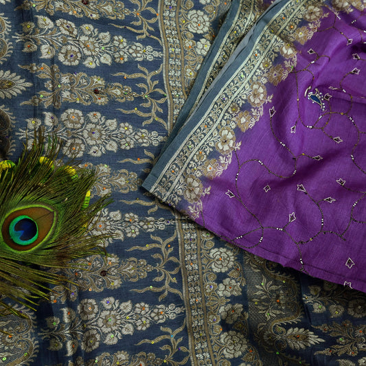 Indian Vintage Sari Purple & Gray Pure Tussar Silk Hand Woven Sarees Craft Fabric 5Yd Sewing Ethnic Dress making Quilting Crafting Upcycle