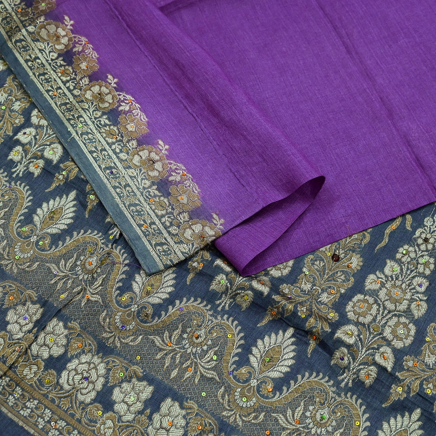 Indian Vintage Sari Purple & Gray Pure Tussar Silk Hand Woven Sarees Craft Fabric 5Yd Sewing Ethnic Dress making Quilting Crafting Upcycle