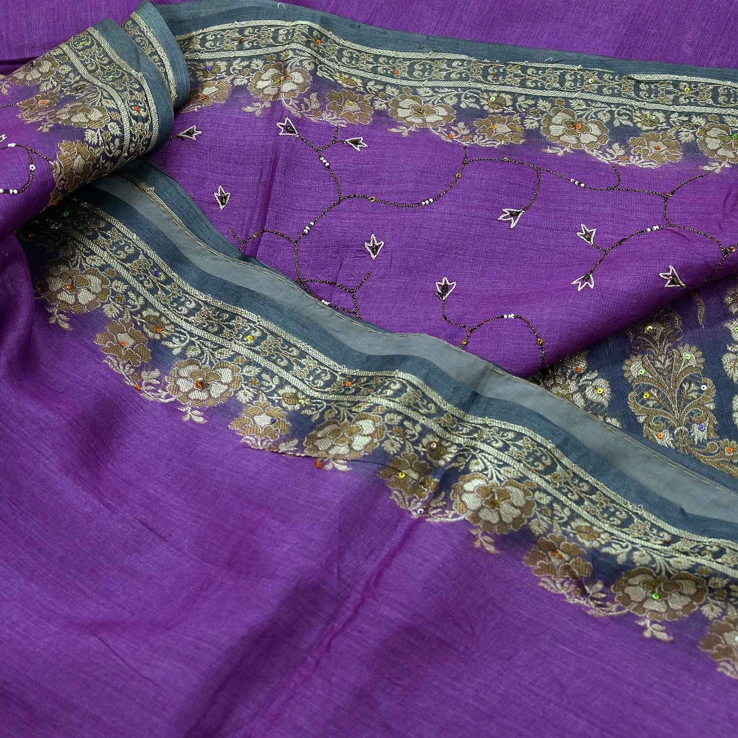 Indian Vintage Sari Purple & Gray Pure Tussar Silk Hand Woven Sarees Craft Fabric 5Yd Sewing Ethnic Dress making Quilting Crafting Upcycle