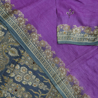 Indian Vintage Sari Purple & Gray Pure Tussar Silk Hand Woven Sarees Craft Fabric 5Yd Sewing Ethnic Dress making Quilting Crafting Upcycle