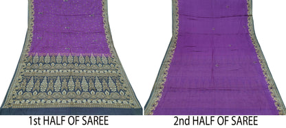Indian Vintage Sari Purple & Gray Pure Tussar Silk Hand Woven Sarees Craft Fabric 5Yd Sewing Ethnic Dress making Quilting Crafting Upcycle