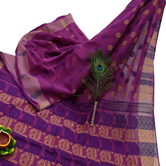 Indian Vintage Sari Purple Pure Cotton Hand Woven Sarees Craft Fabric 5yd Ethnic Crafting Quilting Dress Making Quilting Upcycle
