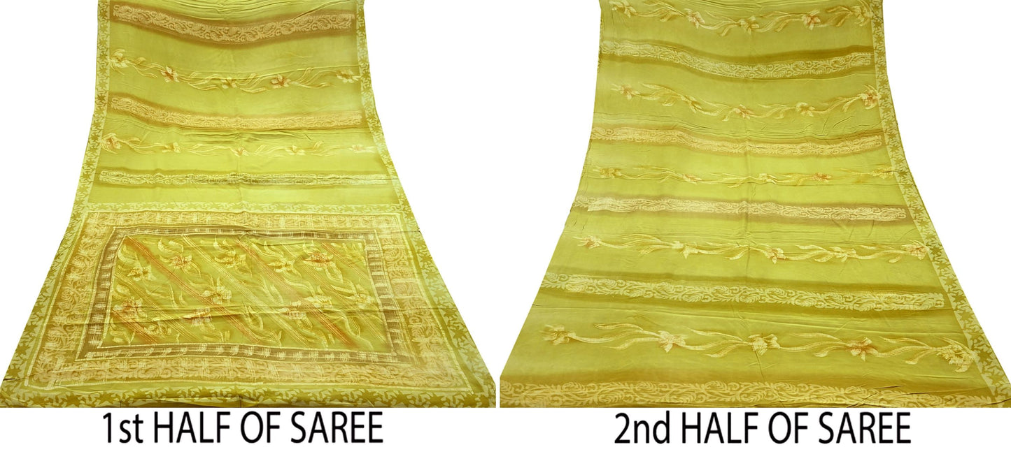 Indian Vintage Sari Green Pure Crepe Silk Printed Saree 5yd Sewing Floral Soft Craft Fabric Ethnic Wrap Dress Making For Crafting Quilting