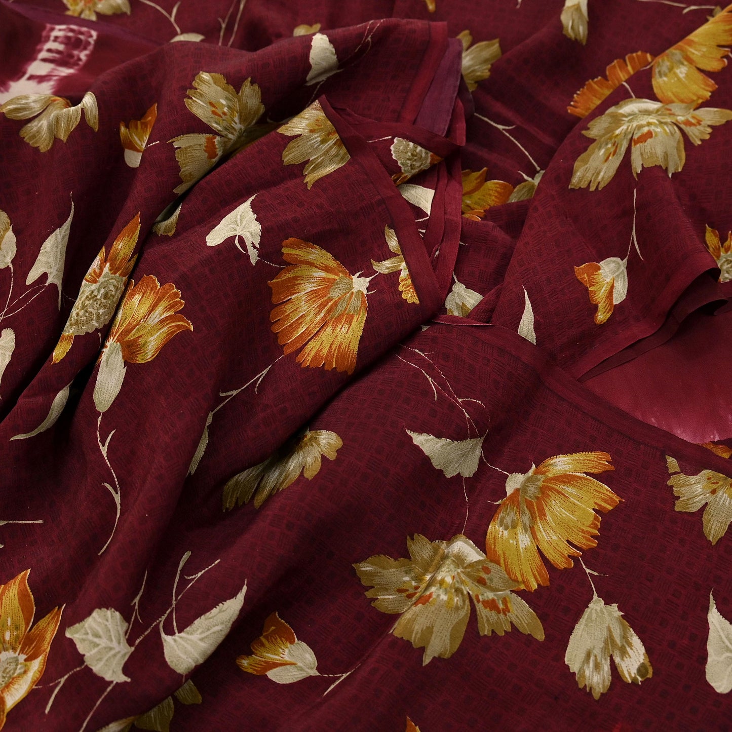 Indian Vintage Maroon Saree Pure Crepe Silk Printed Sari 5yd Sewing Floral Soft Craft Fabric Ethnic Wrap Dress making For Crafting Quilting