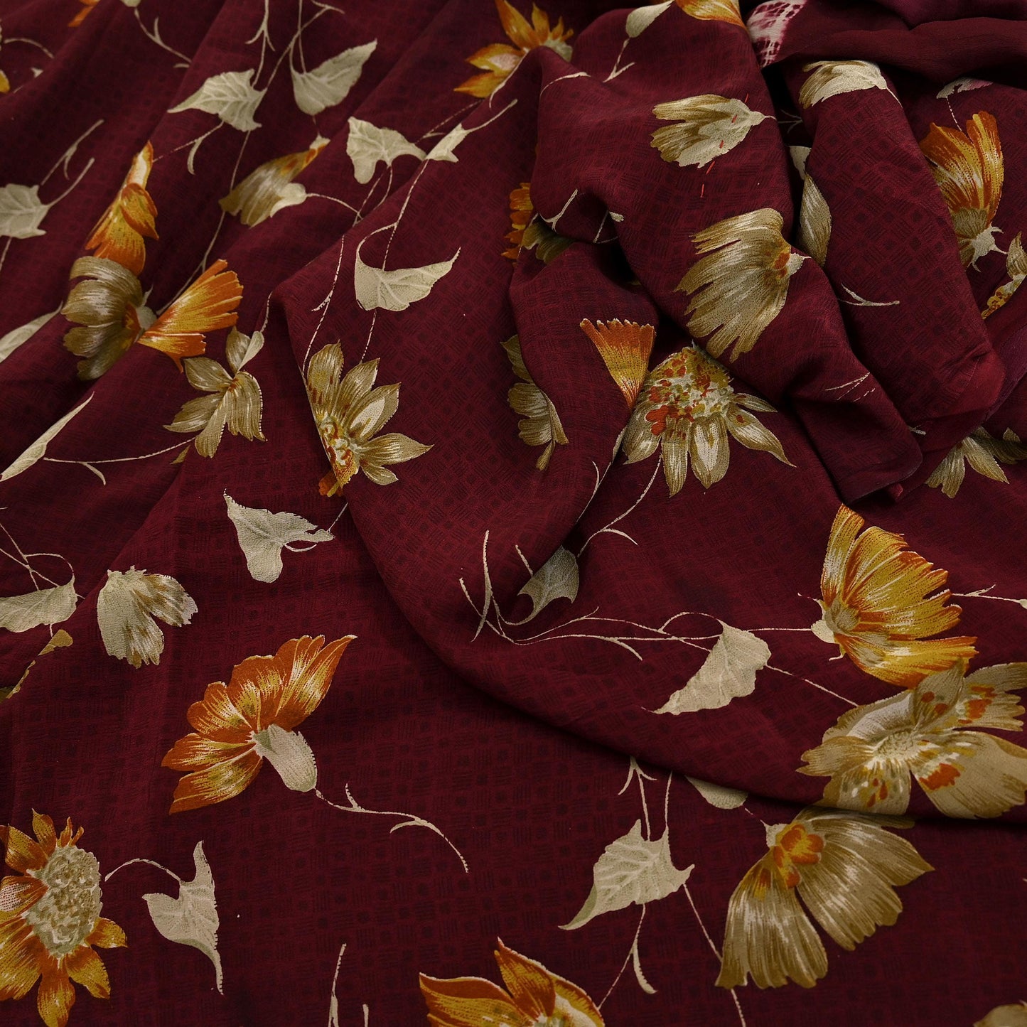 Indian Vintage Maroon Saree Pure Crepe Silk Printed Sari 5yd Sewing Floral Soft Craft Fabric Ethnic Wrap Dress making For Crafting Quilting