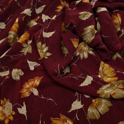 Indian Vintage Maroon Saree Pure Crepe Silk Printed Sari 5yd Sewing Floral Soft Craft Fabric Ethnic Wrap Dress making For Crafting Quilting
