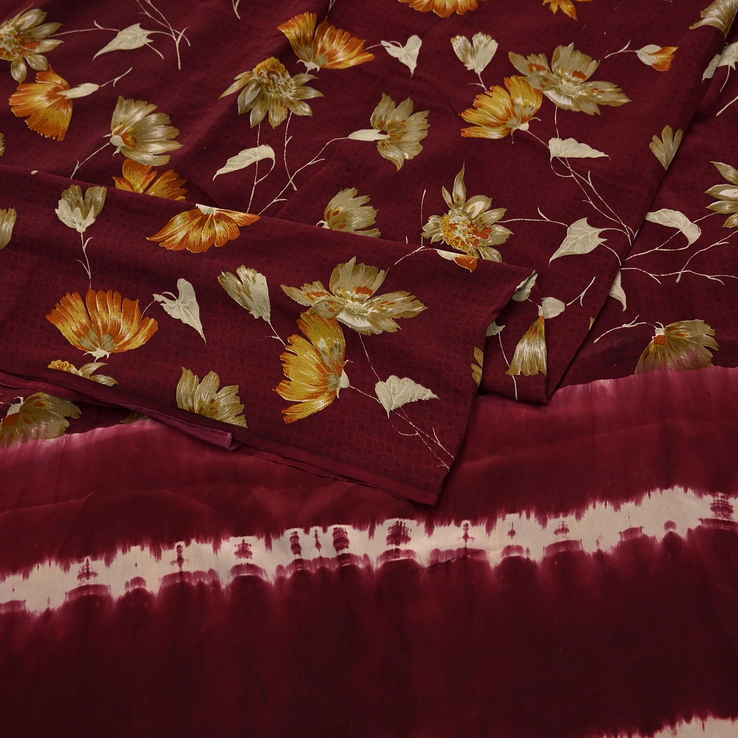 Indian Vintage Maroon Saree Pure Crepe Silk Printed Sari 5yd Sewing Floral Soft Craft Fabric Ethnic Wrap Dress making For Crafting Quilting
